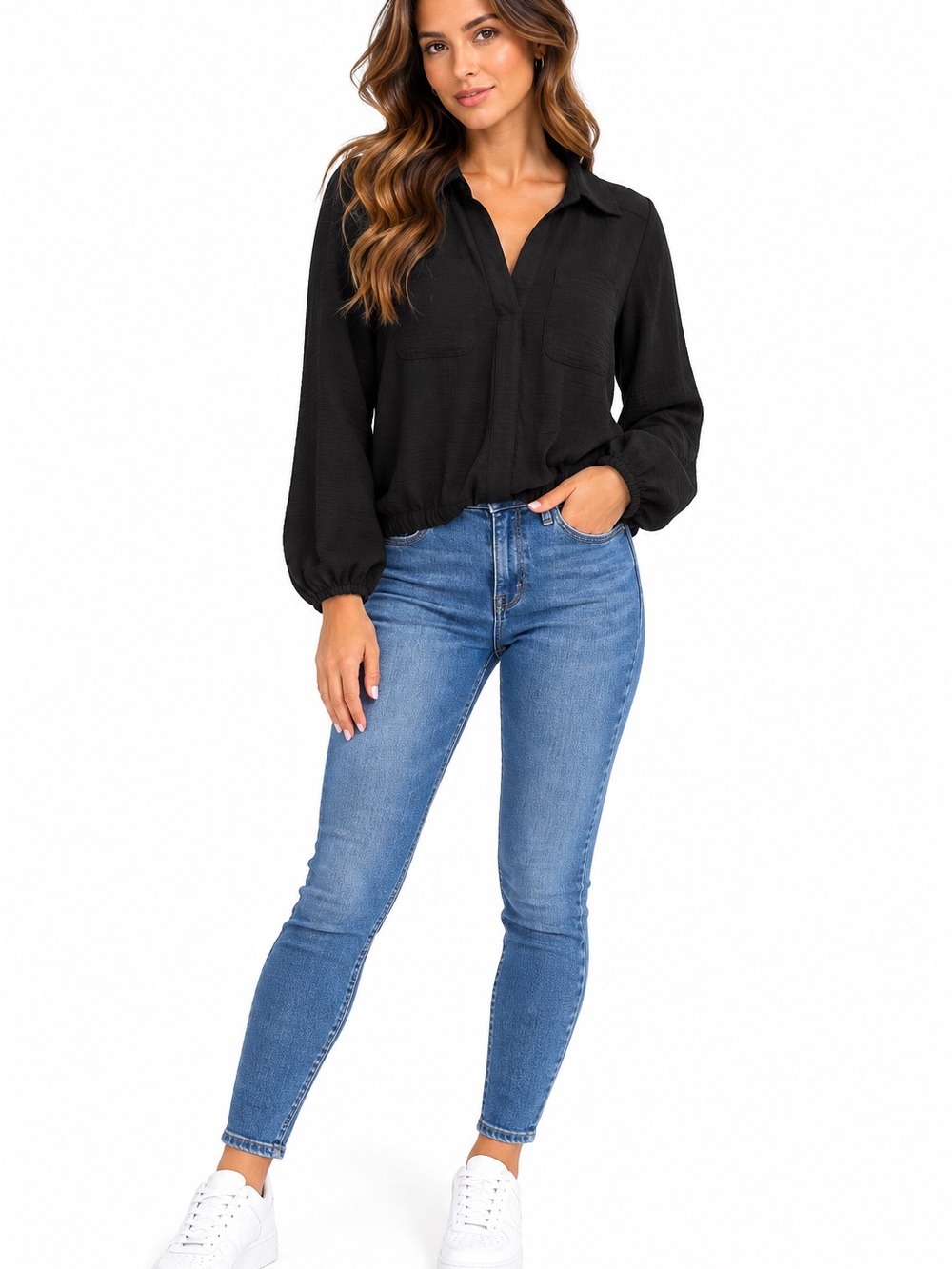 Sofia Jeans by Sofia Vergara Black Long Sleeve Collared Blouse Size S